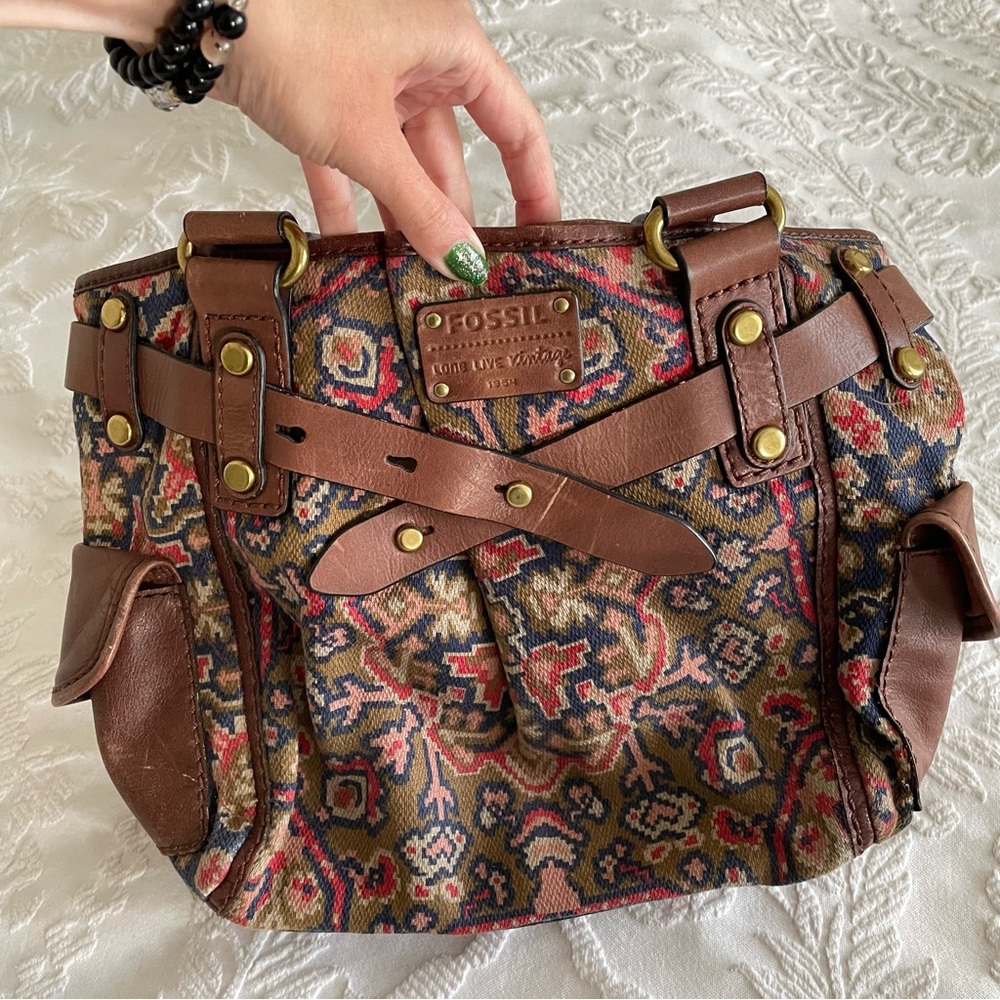 Fossil Bag, Fossil Long Live Vintage Bag, Leather & Tapestry Bag, Aztec Design - Picture 3 of 10